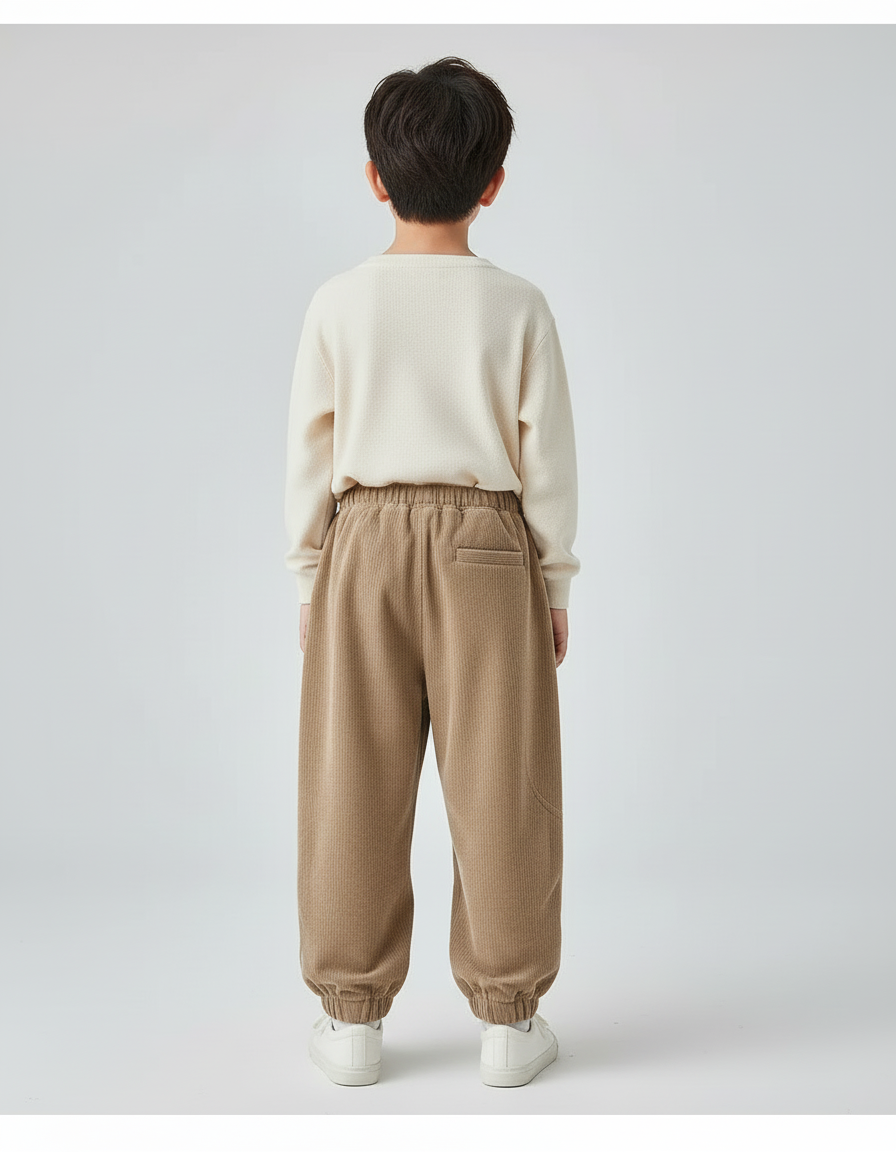 Pantalon Beige Côtelé Ample Élastique Garçon Décontracté - Cordé - vue 2