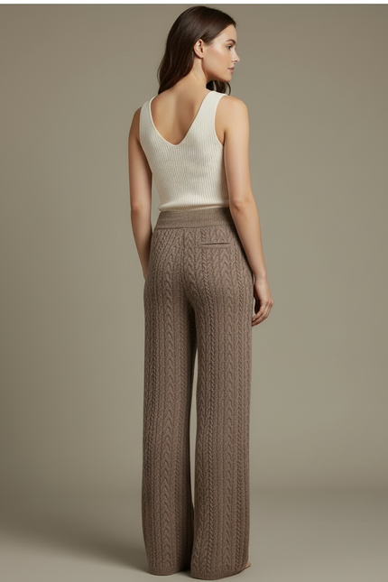 Pantalon Beige Tricoté Câble Ample Confortable Femme - Marron Maille - vue 2