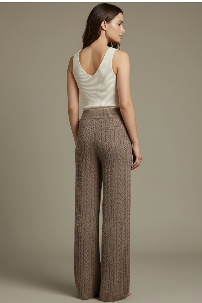 Pantalon Beige Tricoté Câble Ample Confortable Femme - Marron Maille - vue 2