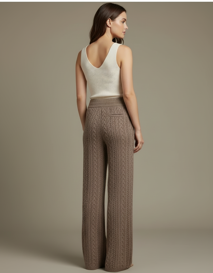 Pantalon Beige Tricoté Câble Ample Confortable Femme - Marron Maille - vue 2
