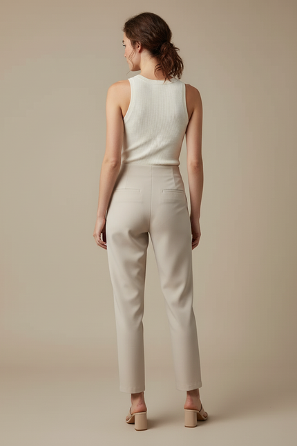 Pantalon Beige Taille Haute Plissé Droit Élégant Femme - Polyester - vue 2