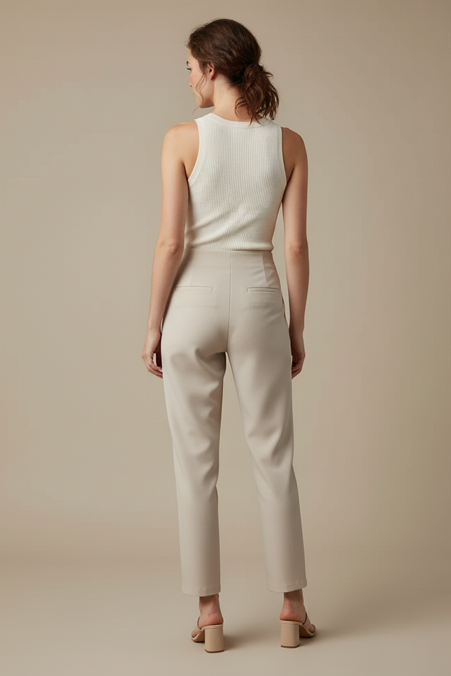 Pantalon Beige Taille Haute Plissé Droit Élégant Femme - Polyester - vue 2