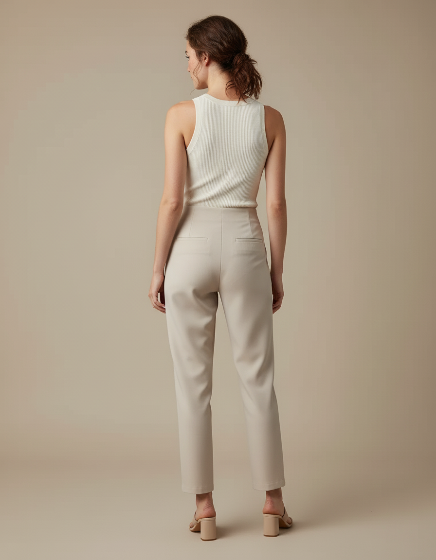 Pantalon Beige Taille Haute Plissé Droit Élégant Femme - Polyester - vue 2