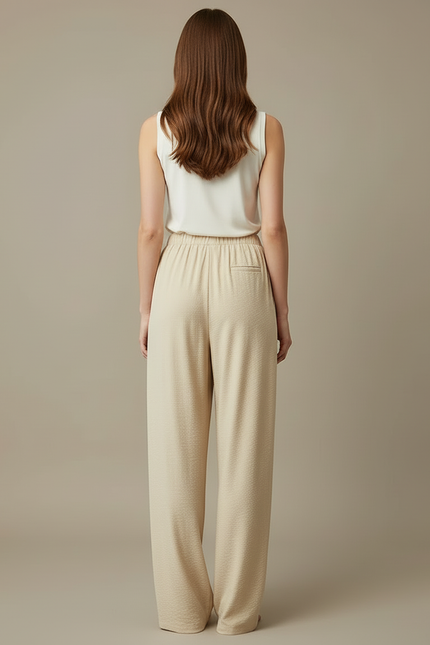 Pantalon Beige Plissé Ample Fluide Taille Haute Femme - Viscose - vue 2