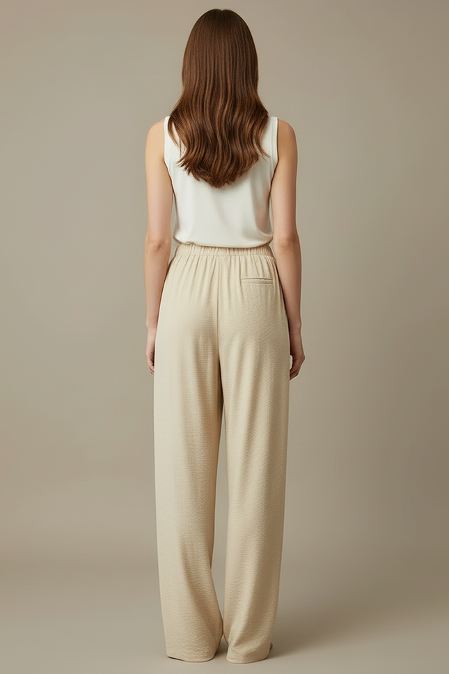 Pantalon Beige Plissé Ample Fluide Taille Haute Femme - Viscose - vue 2
