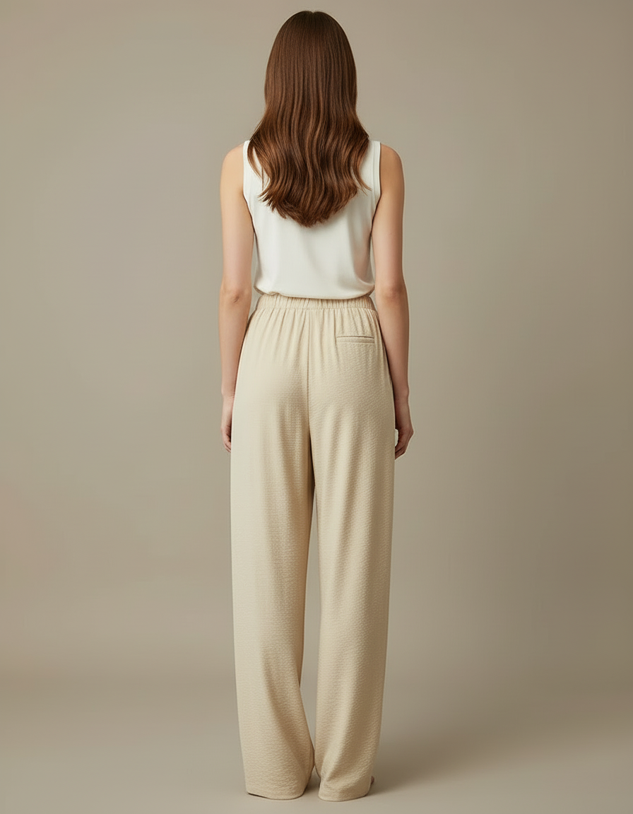 Pantalon Beige Plissé Ample Fluide Taille Haute Femme - Viscose - vue 2