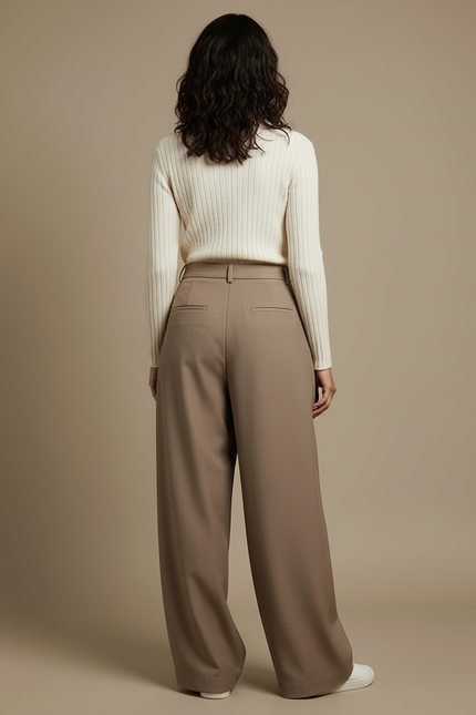 Pantalon Beige Taille Haute Plissé Ample Élégant Femme - Gabardine - vue 2