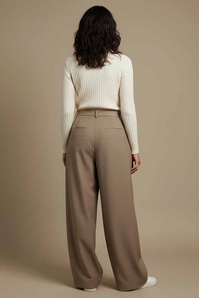 Pantalon Beige Taille Haute Plissé Ample Élégant Femme - Gabardine - vue 2
