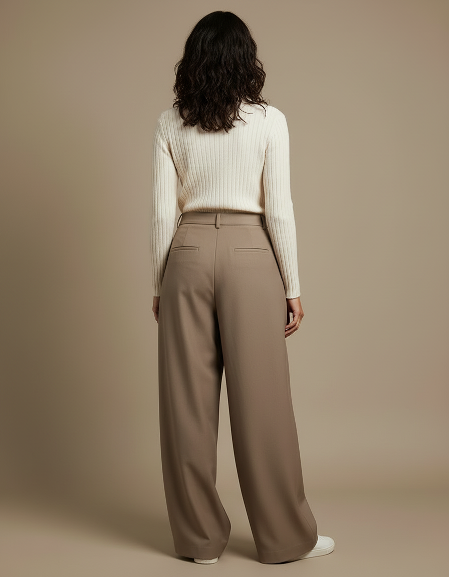 Pantalon Beige Taille Haute Plissé Ample Élégant Femme - Gabardine - vue 2