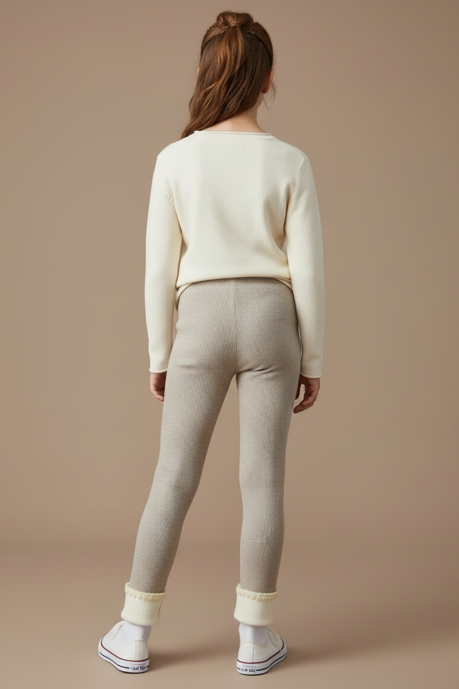 Pantalon Beige Côtelé Fille Broderie Polaire Hiver - Maille - vue 2