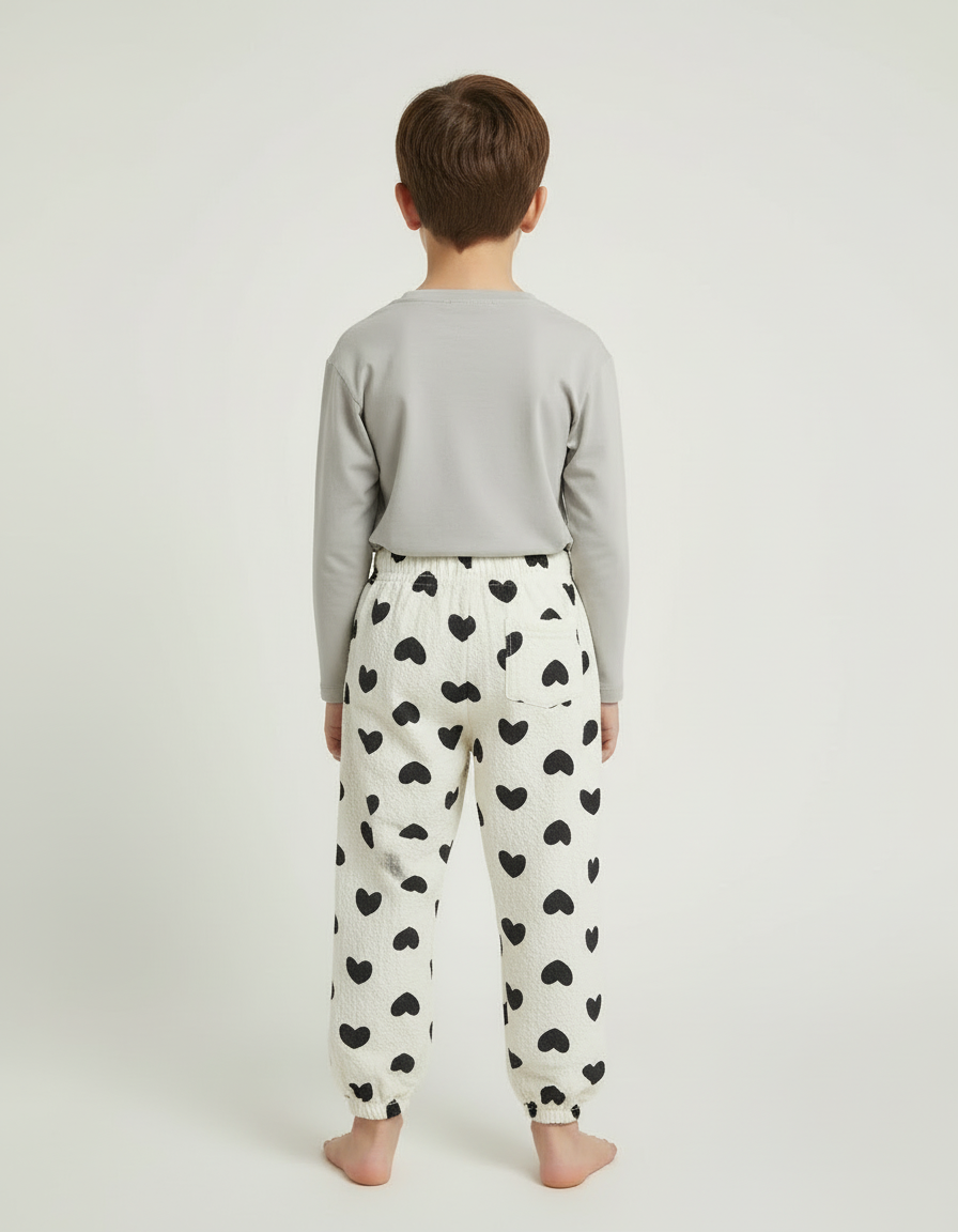 Pantalon Beige Coton Ample Cœurs Noirs Enfant - Molleton - vue 2