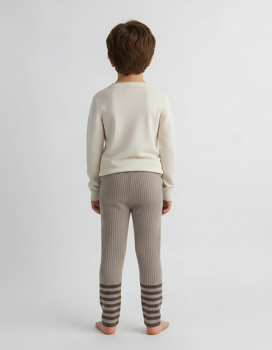 Pantalon Beige Tricoté Côtelé Rayures Enfant - Maille - vue 2
