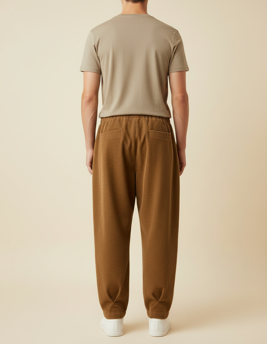 Pantalon Beige Côtelé Plissé Ample Décontracté Homme - Marron Cordé - vue 2
