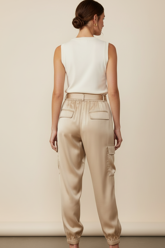 Pantalon Beige Satin Cargo Fluide Élastiqué - vue 2