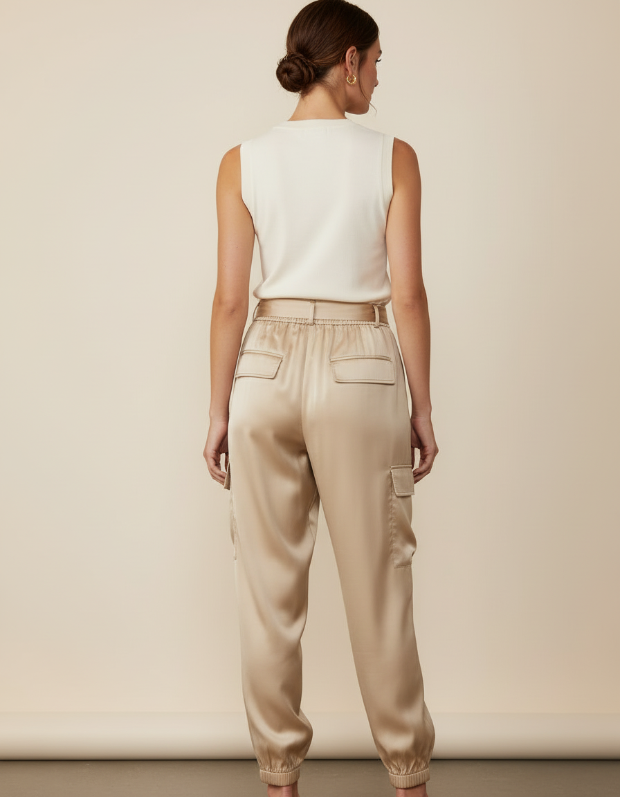 Pantalon Beige Satin Cargo Fluide Élastiqué - vue 2