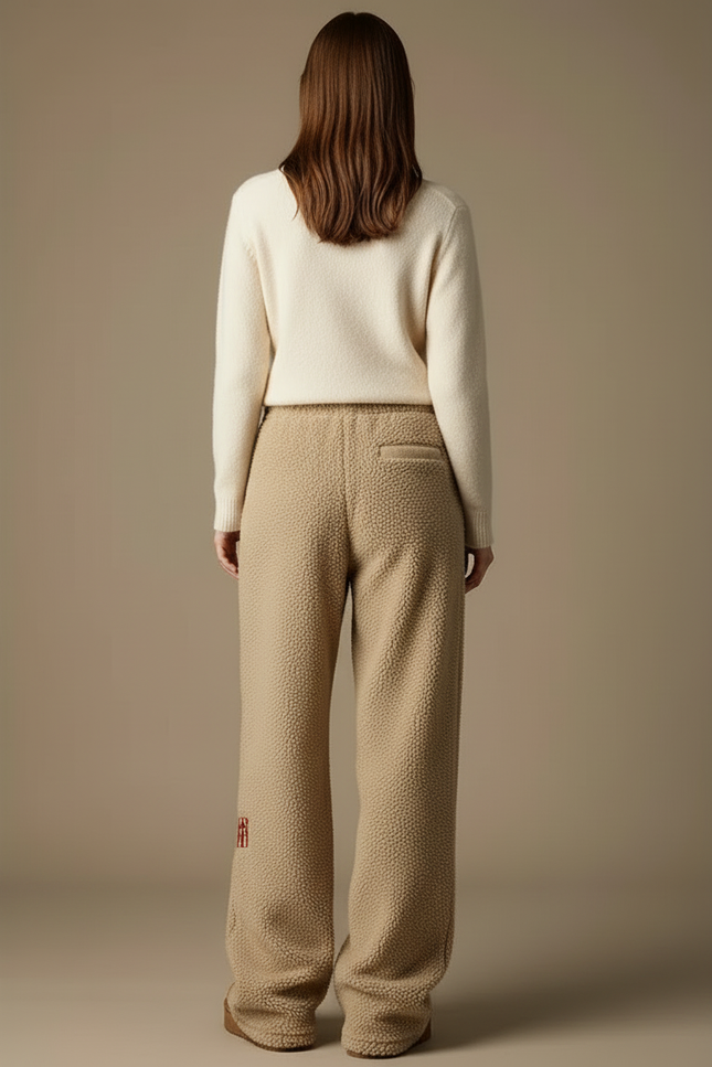 Pantalon Beige Polaire Brodé Chien Ample Décontracté - Polyester - vue 2