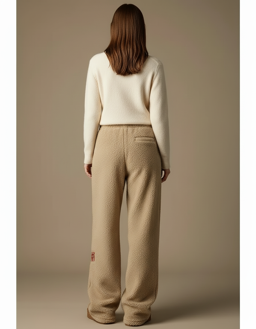 Pantalon Beige Polaire Brodé Chien Ample Décontracté - Polyester - vue 2