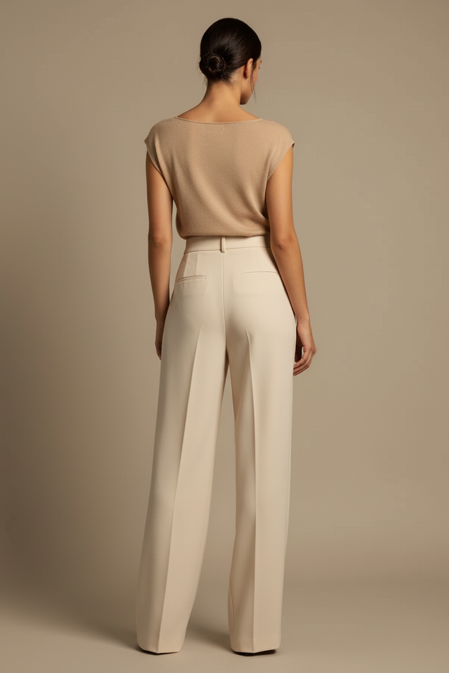Pantalon Beige Plissé Taille Haute Ample Élégant Femme - Polyester - vue 2