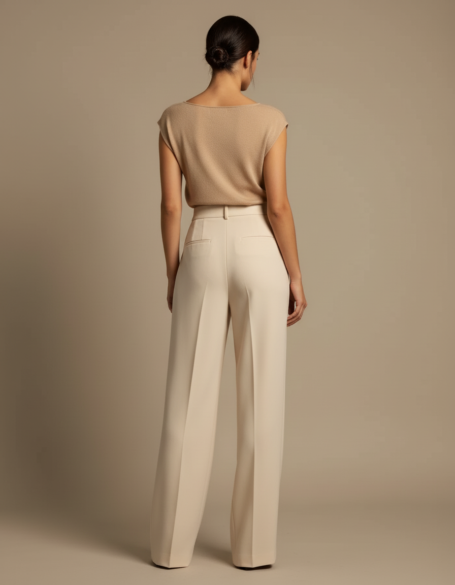 Pantalon Beige Plissé Taille Haute Ample Élégant Femme - Polyester - vue 2