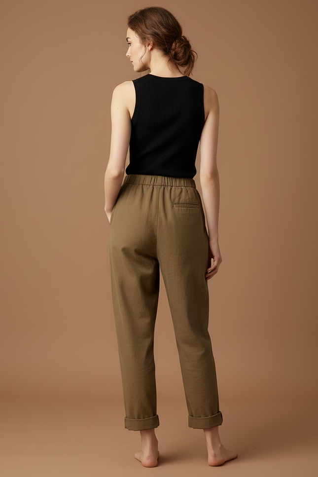 Pantalon Beige Coton Ample Élastique Décontracté Femme - Kaki Toile - vue 2