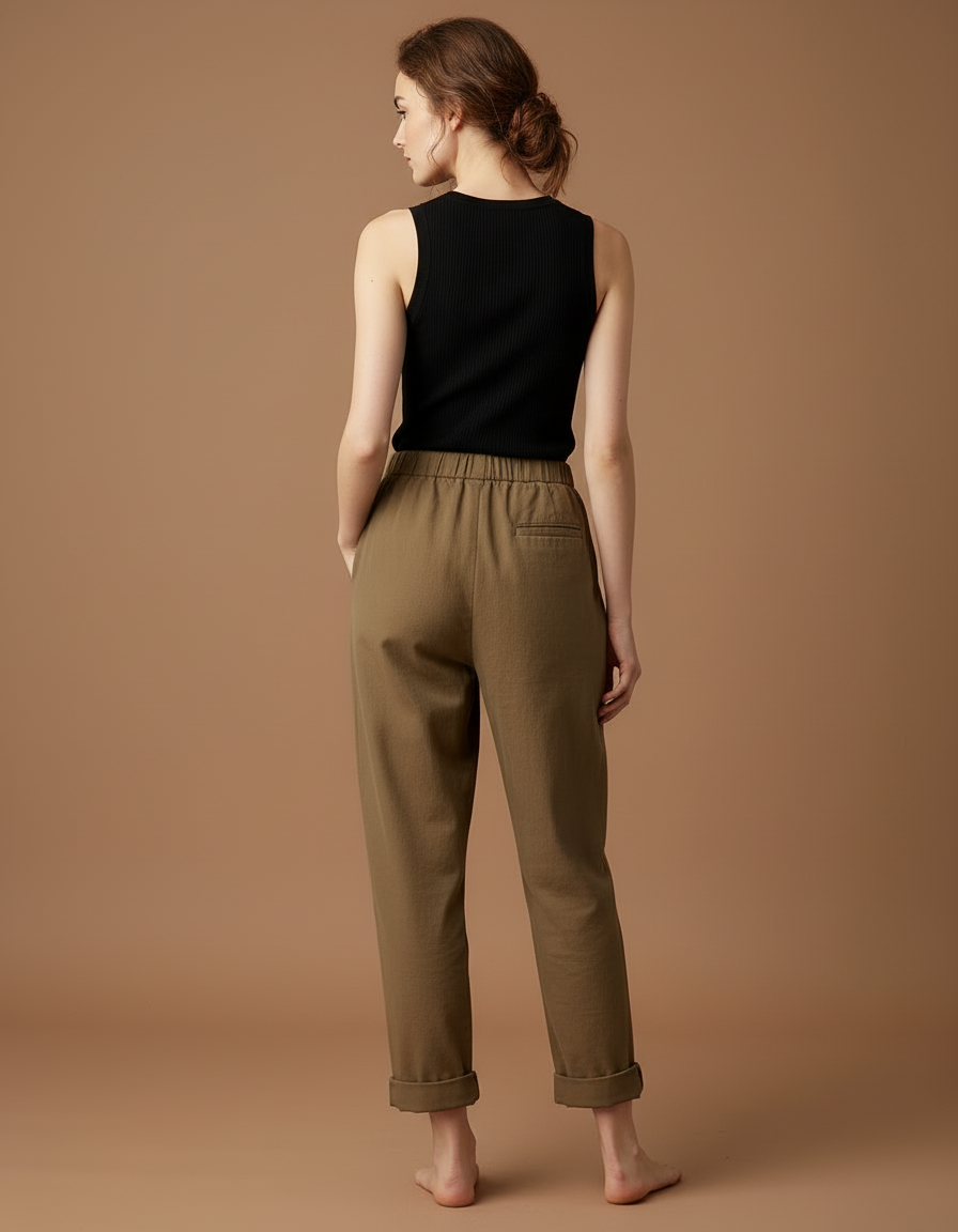 Pantalon Beige Coton Ample Élastique Décontracté Femme - Kaki Toile - vue 2