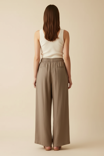 Pantalon Beige Lin Coton Ample Taille Haute Femme - Kaki - vue 2