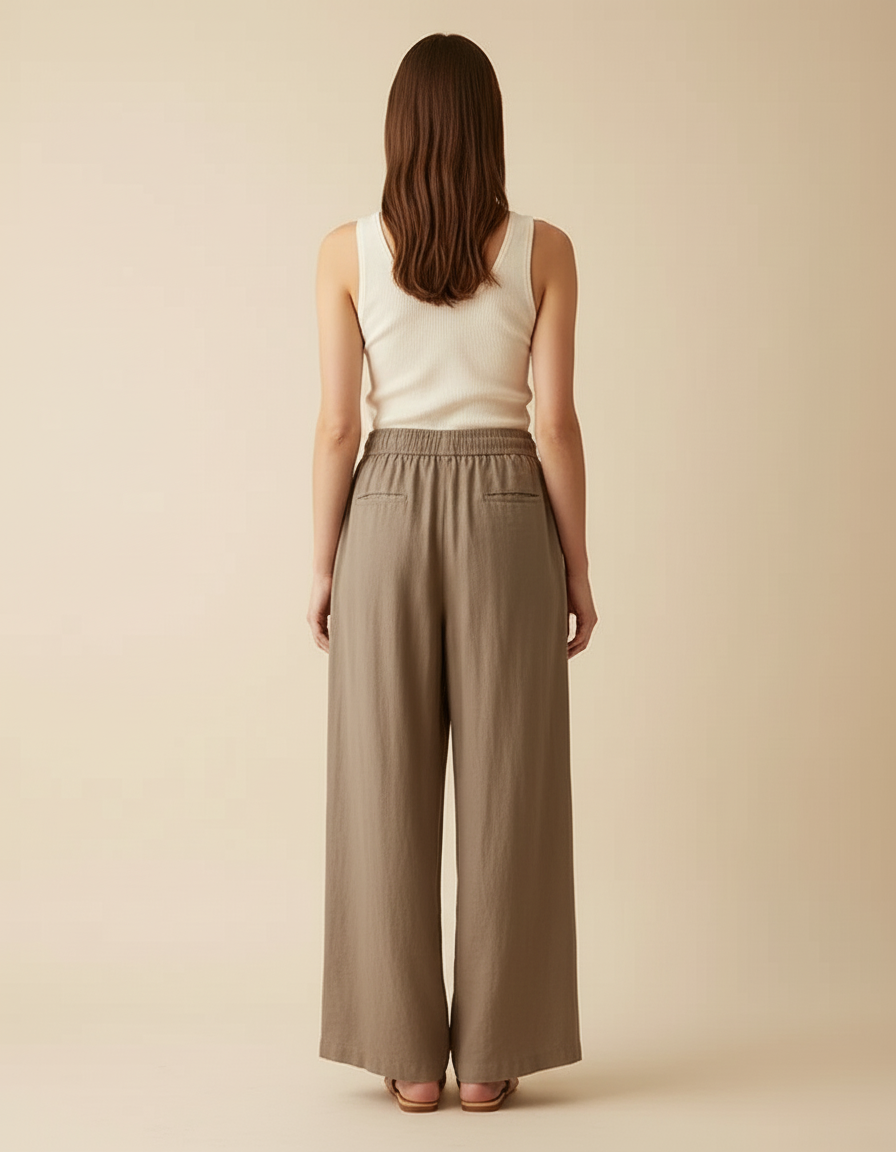 Pantalon Beige Lin Coton Ample Taille Haute Femme - Kaki - vue 2