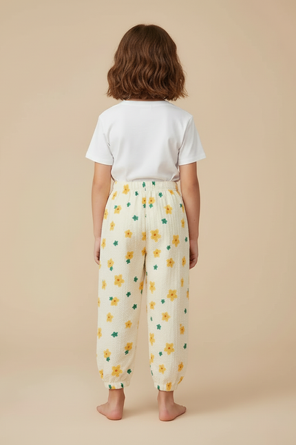 Pantalon Beige Fleuri Ample Décontracté Enfant - Coton - vue 2