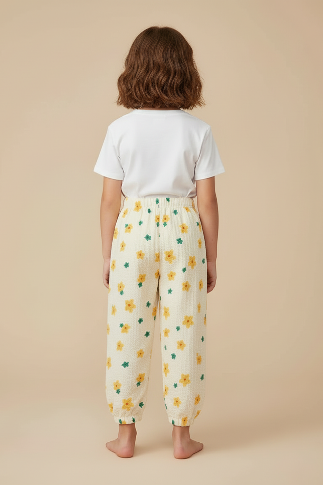 Pantalon Beige Fleuri Ample Décontracté Enfant - Coton - vue 2