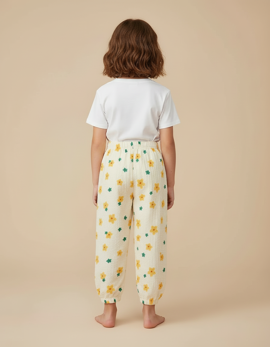 Pantalon Beige Fleuri Ample Décontracté Enfant - Coton - vue 2