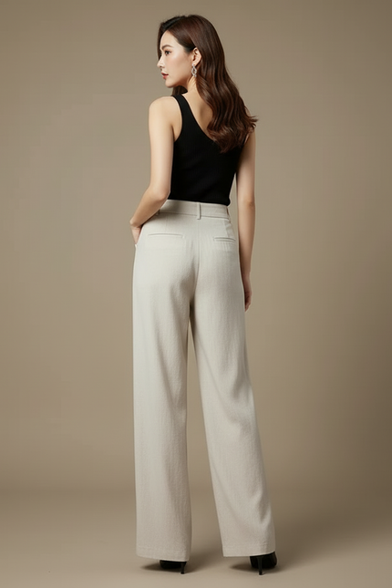 Pantalon Beige Lin Taille Haute Large Fluide - vue 2