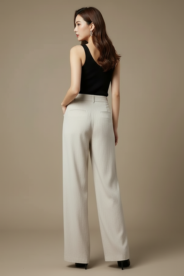 Pantalon Beige Lin Taille Haute Large Fluide - vue 2