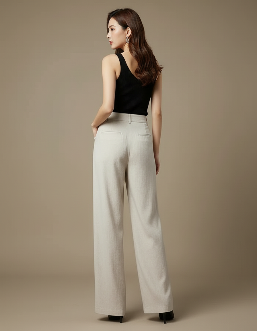 Pantalon Beige Lin Taille Haute Large Fluide - vue 2