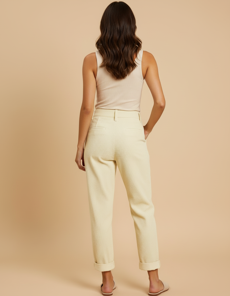 Pantalon Beige Côtelé Ample Décontracté Taille Haute - Jaune Cordé - vue 2