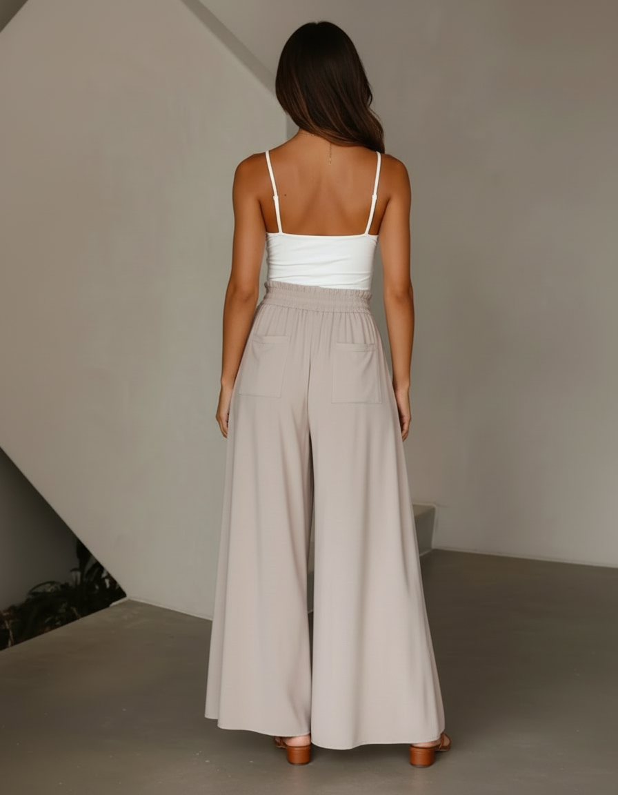 Pantalon Beige Fluide Ample Taille Haute Décontracté - Viscose - vue 2