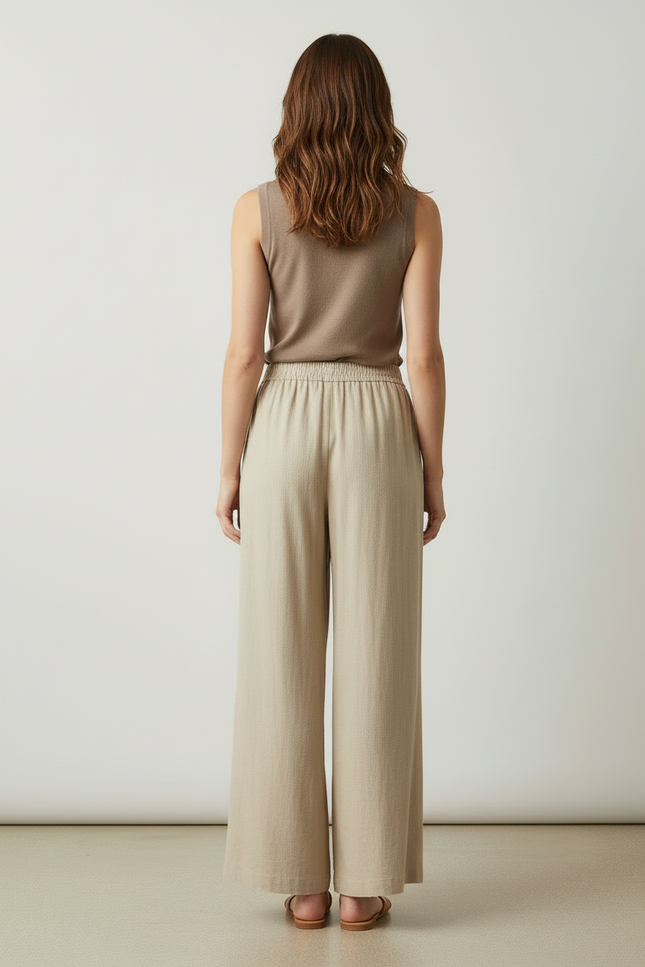Pantalon Beige Ample Fluide Taille Haute Confortable - Lin - vue 2