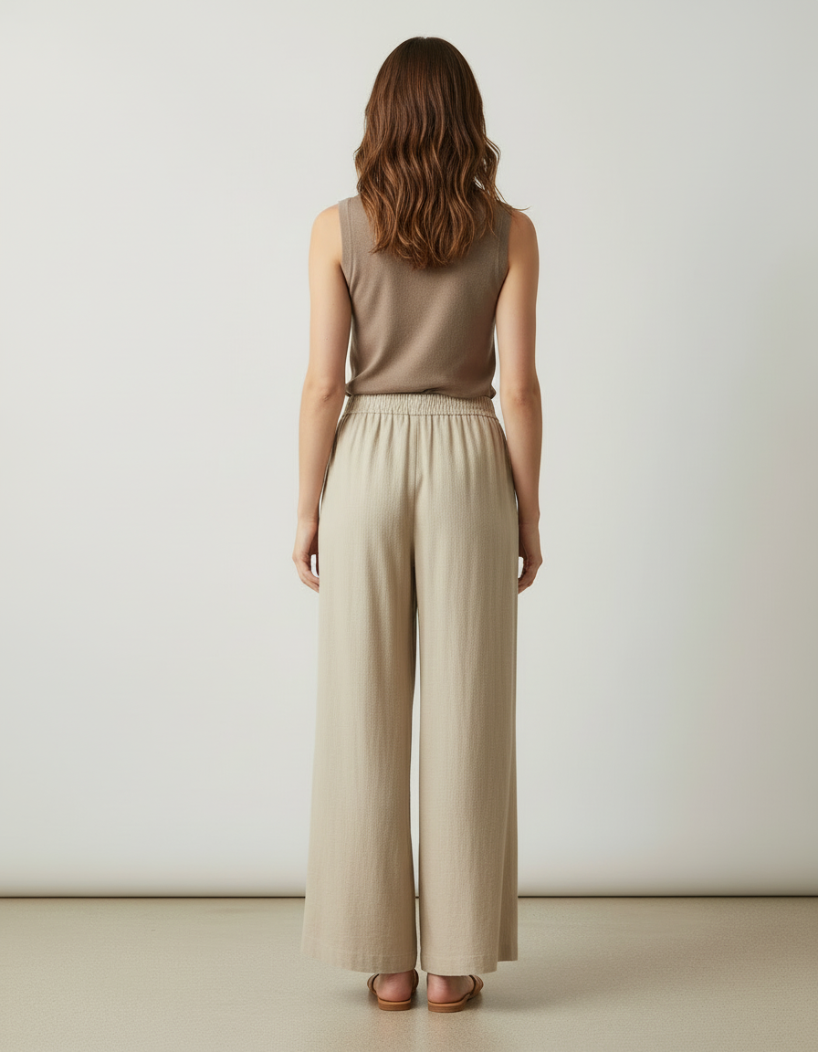 Pantalon Beige Ample Fluide Taille Haute Confortable - Lin - vue 2