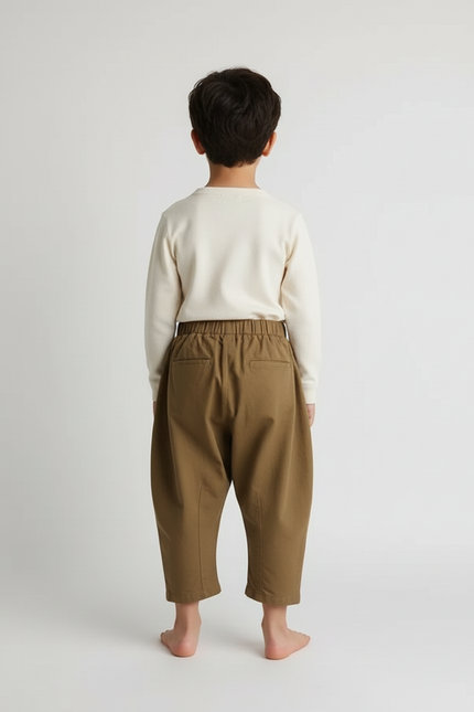 Pantalon Beige Ample Décontracté Enfant Coton Plissé - Kaki - vue 2
