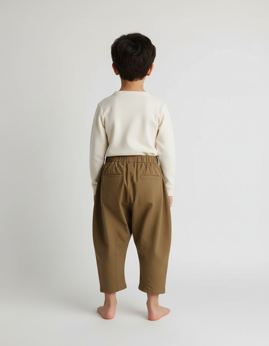 Pantalon Beige Ample Décontracté Enfant Coton Plissé - Kaki - vue 2