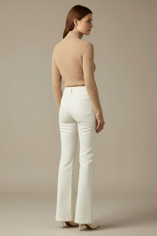 Pantalon Beige Évasé Taille Haute Élégant Femme - Blanc Jean - vue 2