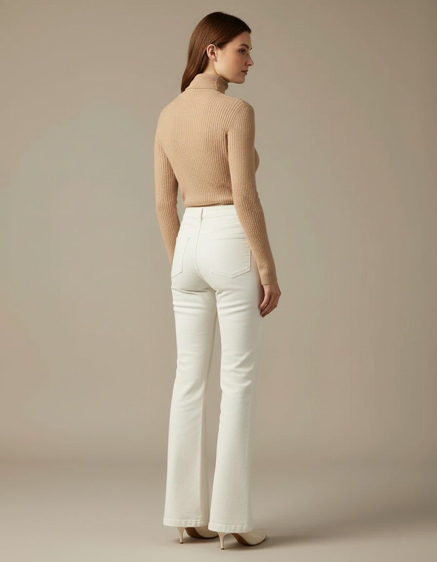 Pantalon Beige Évasé Taille Haute Élégant Femme - Blanc Jean - vue 2