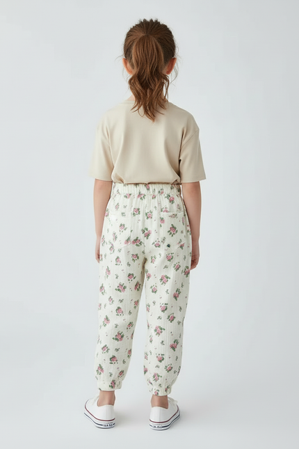 Pantalon Beige Fleuri Ample Coton Mousseline Enfant - vue 2