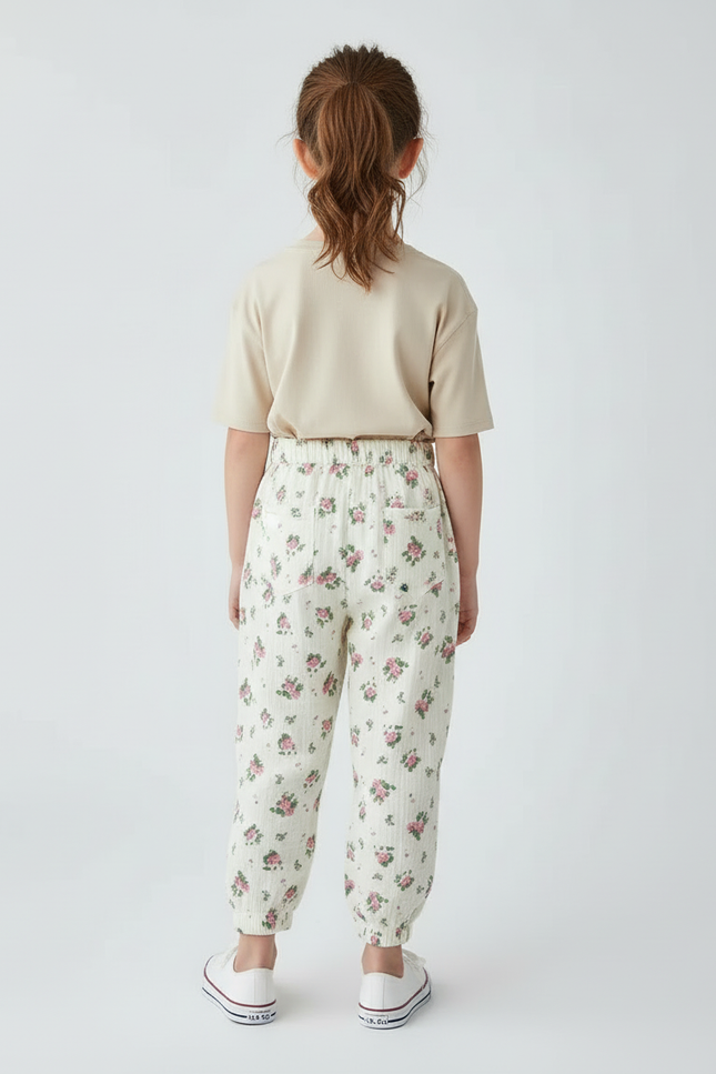 Pantalon Beige Fleuri Ample Coton Mousseline Enfant - vue 2