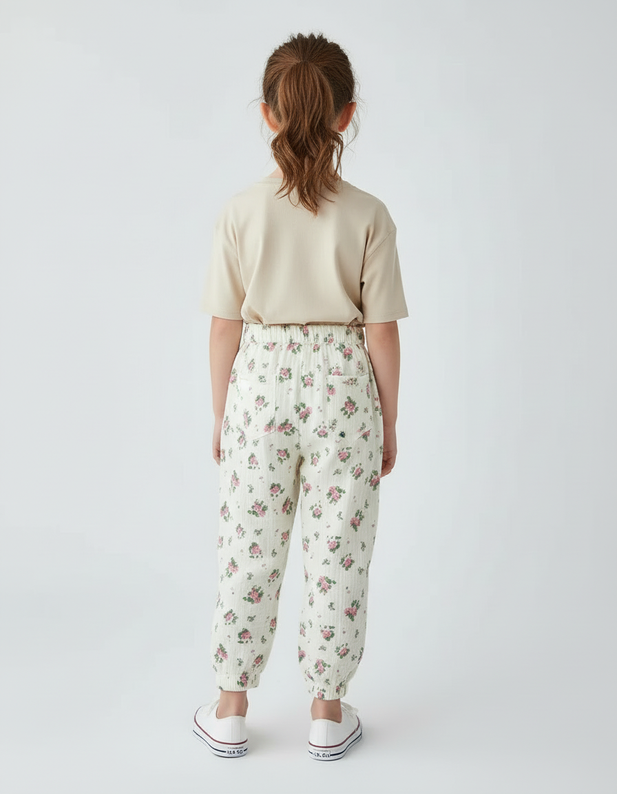 Pantalon Beige Fleuri Ample Coton Mousseline Enfant - vue 2