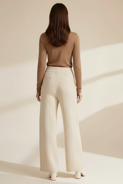 Pantalon Beige Femme Tricoté Câble Ample Confortable Laine - vue 2
