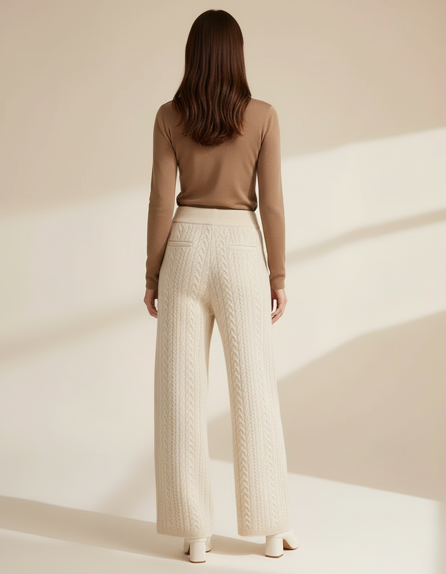 Pantalon Beige Femme Tricoté Câble Ample Confortable Laine - vue 2