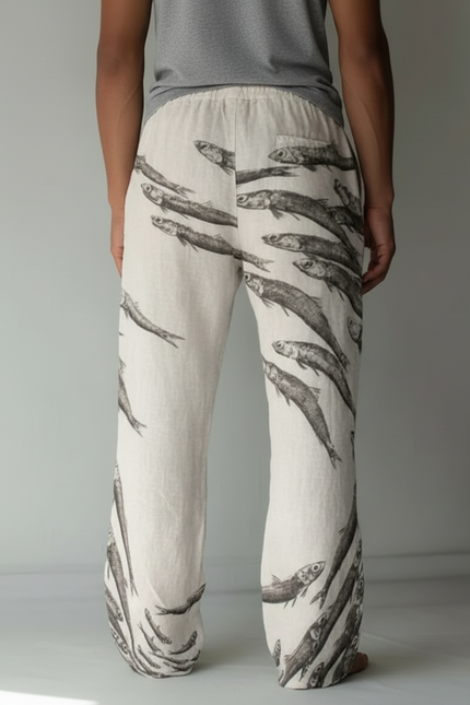 Pantalon Beige Ample Décontracté Lin Imprimé Poissons - vue 2