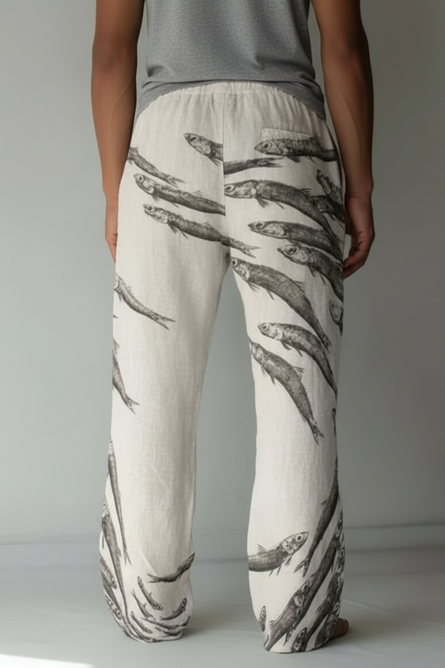 Pantalon Beige Ample Décontracté Lin Imprimé Poissons - vue 2
