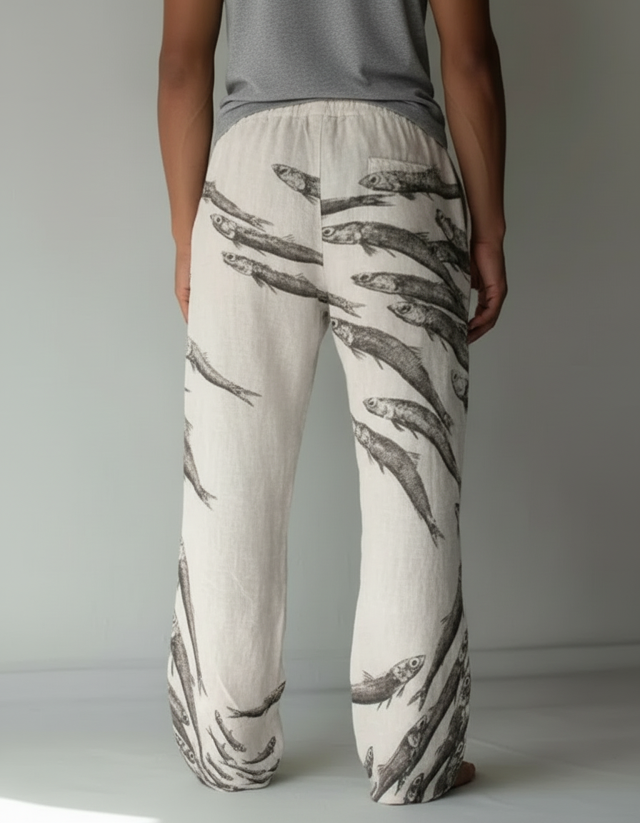 Pantalon Beige Ample Décontracté Lin Imprimé Poissons - vue 2