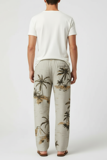 Pantalon Beige Ample Cordon Imprimé Palmier Homme - Lin - vue 2